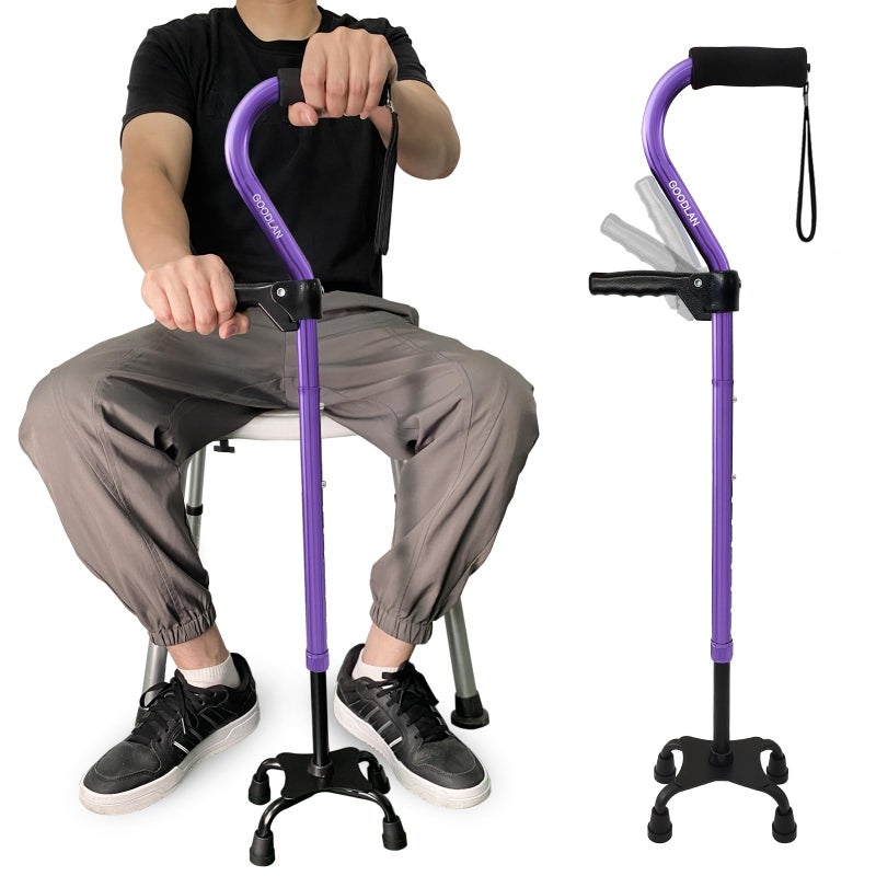 Quad Walking Cane Adjustable Stick Men & Women and Seniors - Lightweight & Sturdy with 4-Pronged Base for Extra Stability Balance,Self Standing Foam Padded Offset Handle for Soft Grip (Violet)